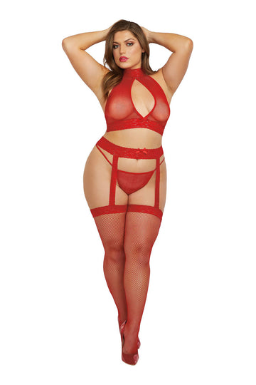 "Bralette, Garterhose, and G-String - Queen Size - Rouge DG-0375XROUQ"